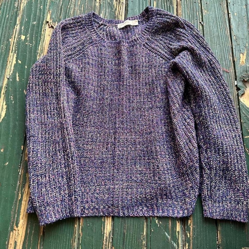 Faded glory Purple and white sweater with a unique, distressed look